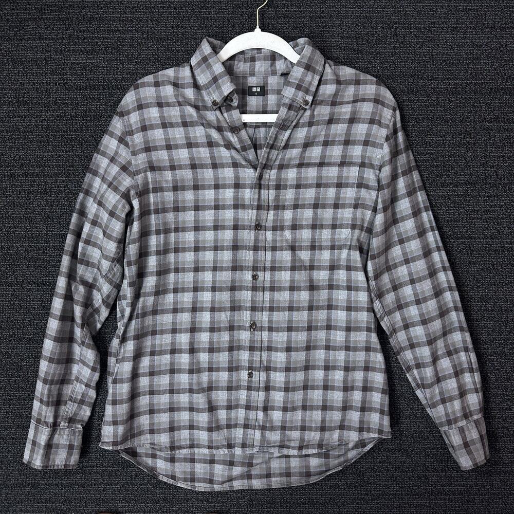 Uniqlo Mens Size Small Plaid Button-Up Shirt Cotton‎ Blue Gray Long Sleeve